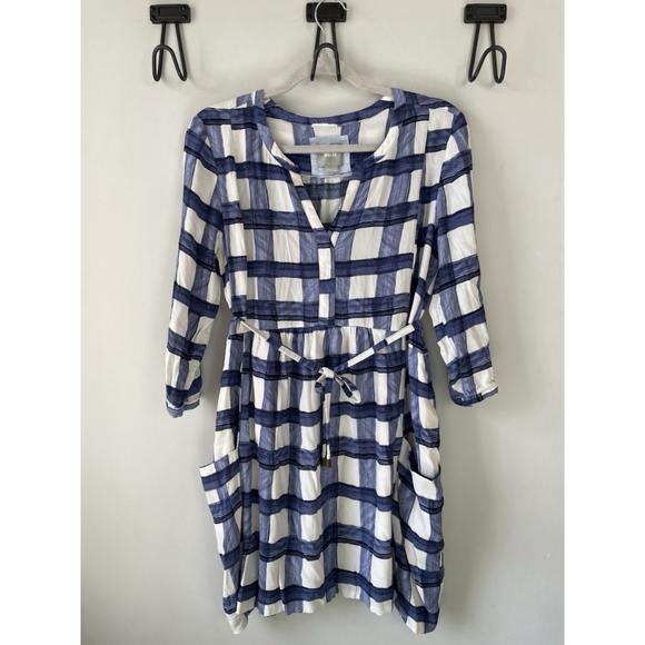 Maeve for Anthropologie Navy Blue And White 3/4 Sleeve Plaid Mini Dress Medium - Picture 1 of 14